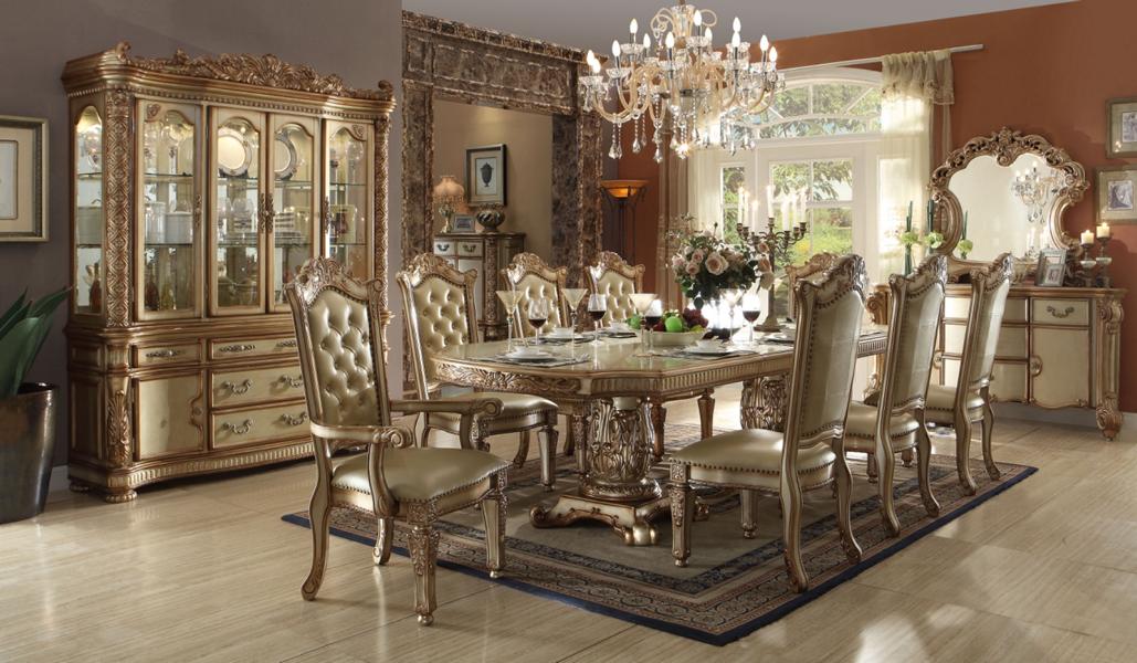 Luxury dining room set, dining table with 8 chairs, sideboard, dining group, gold.