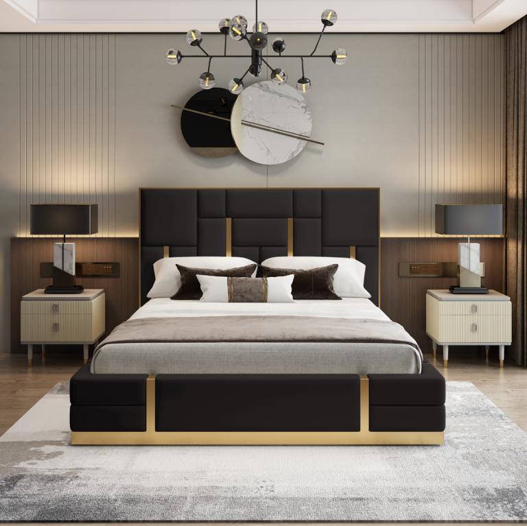 Black bedroom bed designer wood double luxury stainless steel bed On Stock