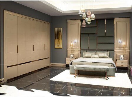 Complete bedroom furniture double bed beige modern set 5 pieces wood