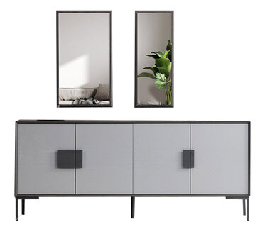 Gray dining room sideboard luxurious console 2x mirrors wooden furniture 3 pieces.
