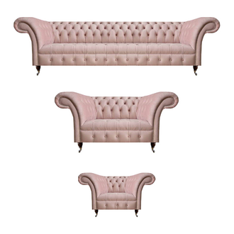 Complete pink Chesterfield seating set upholstered four-seater fabric armchair.