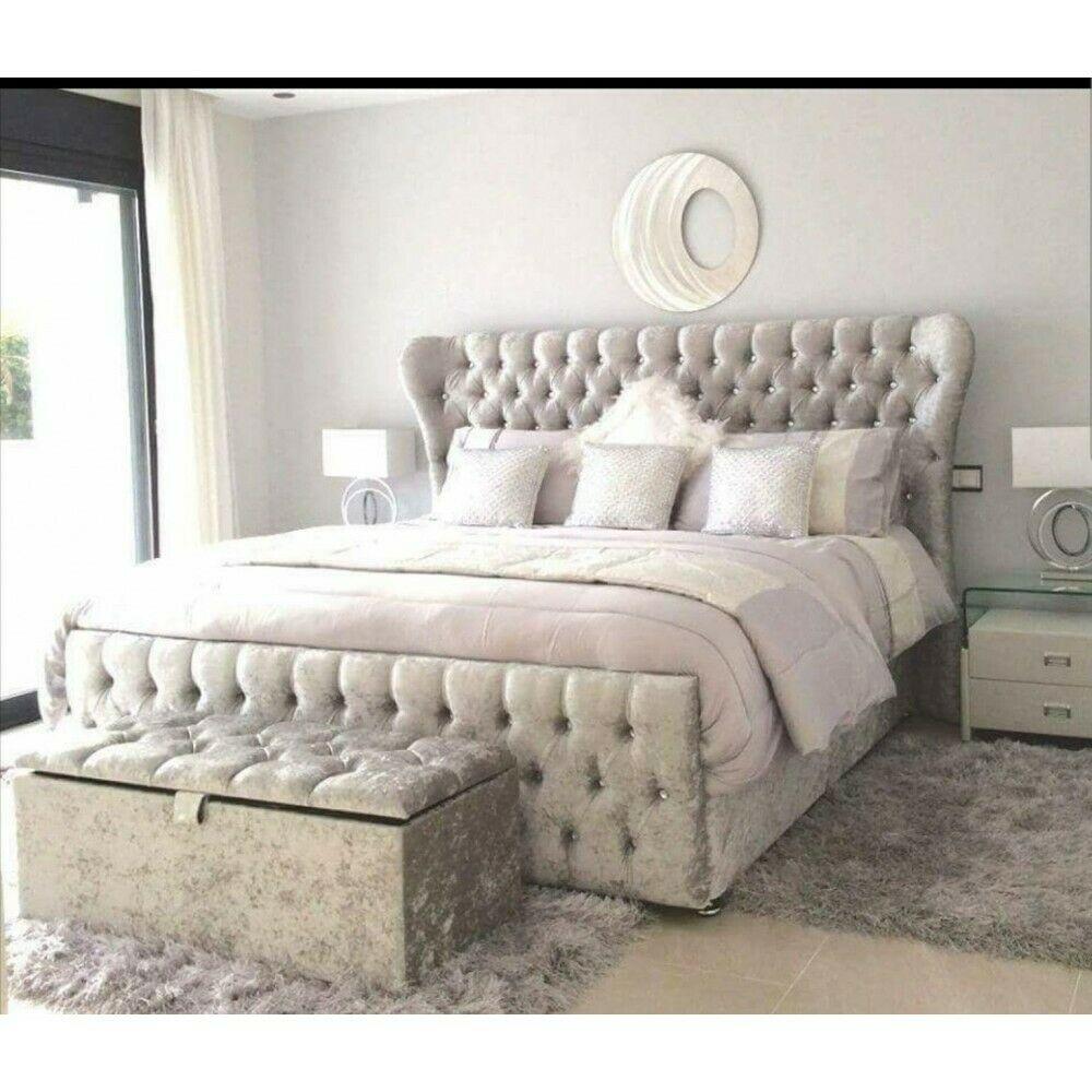 Textile upholstered chesterfield design massive marriage double bed made of real wooden frame with crystal stones 140/160/180/200x200cm sizes