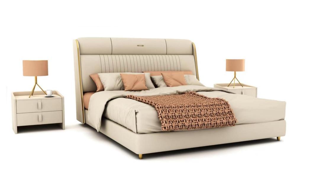 Beige Textile Bed Stylish Bedroom Furniture Designer Double Beds