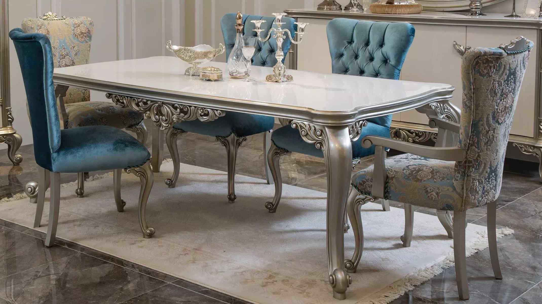 Complete Set Dining Table 6 Chairs Dining Group Wood Set 7pcs Baroque