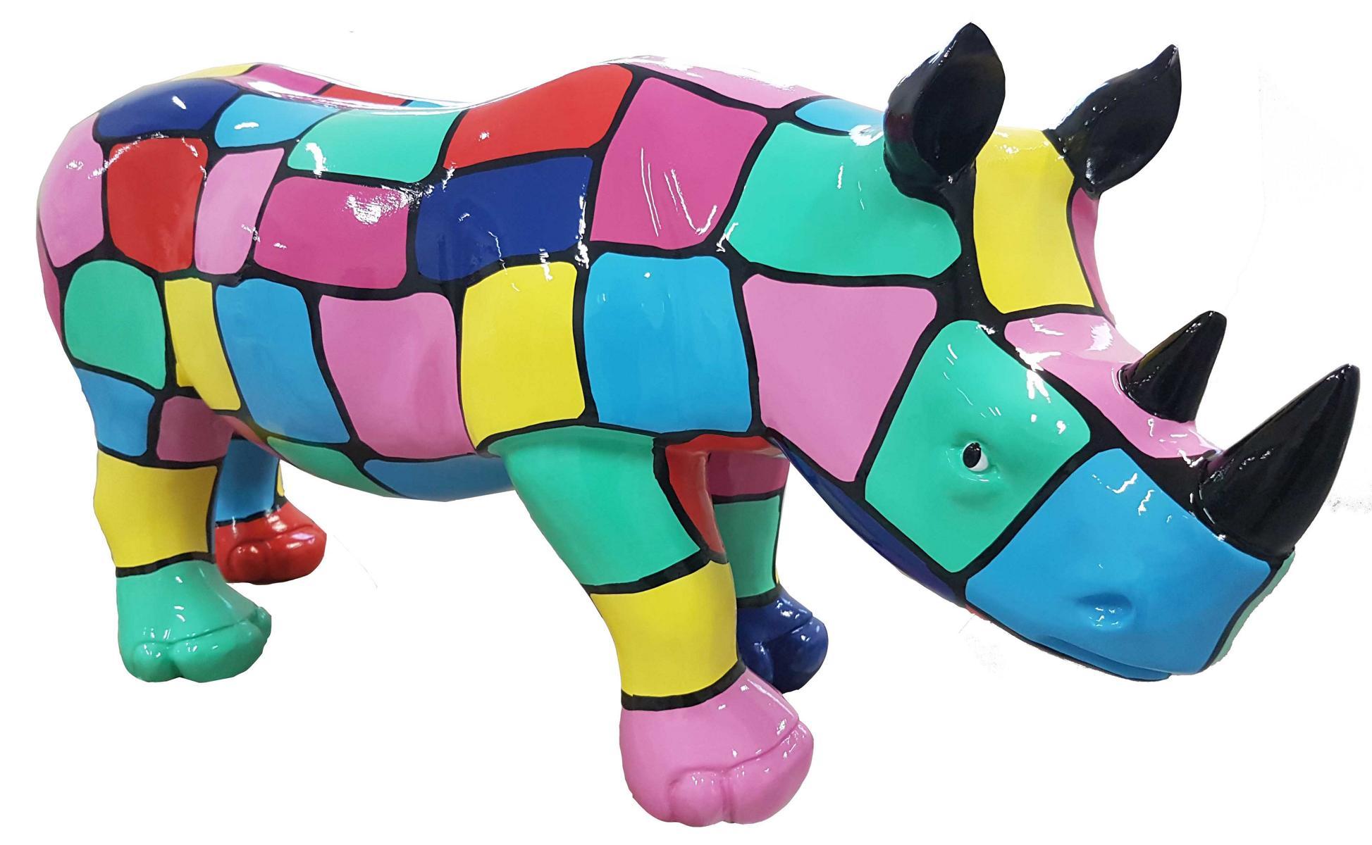 Modern abstract decorative garden sculpture designed as an colorful rhino 35x75cm
