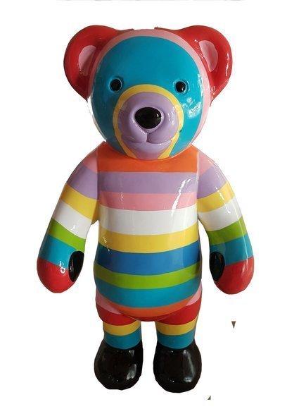Abstract decorative sculpture designed as an colorful teddy bear figure with stripes 40cm height
