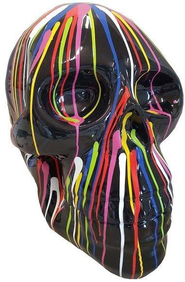 Modern style full black gloss colored decorative sculpture of skull with colorful stripes 58cm height