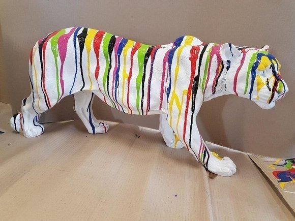 White colored decorative garden sculpture designed as tiger figure with colorful stripes 35cm height
