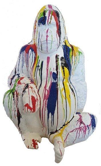 White colored abstract decorative sculpture designed as sitting gorilla with colorful stripes 110cm height