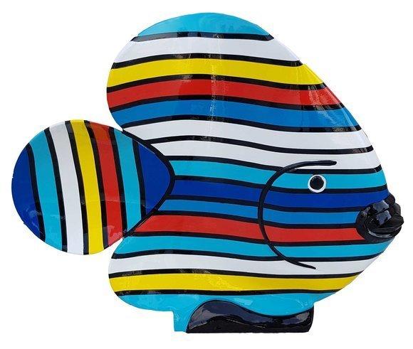 Decorative abstract garden sculpture in modern style designed as a fish with colorful stripes 50cm height