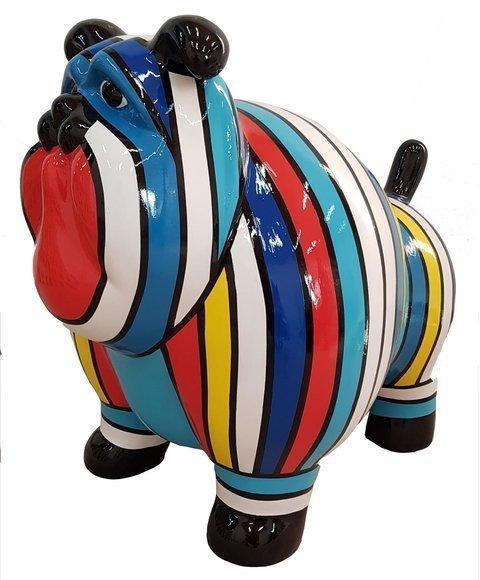 Abstract decorative sculpture in modern style designed as gloss mastiff with colorful stripes 63cm