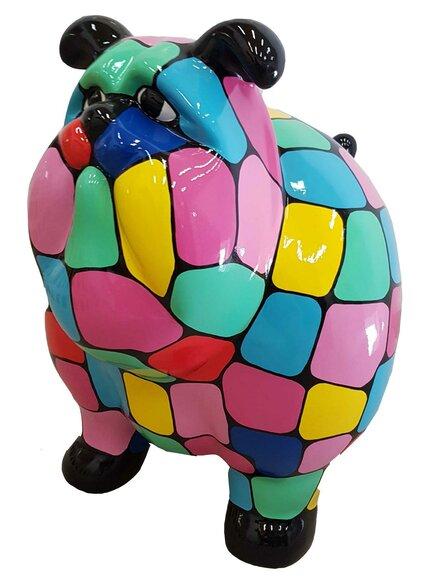 Decorative sculpture in modern style designed as an abstract round cartoon mastiff with colorful stripes & two legs 63 cm
