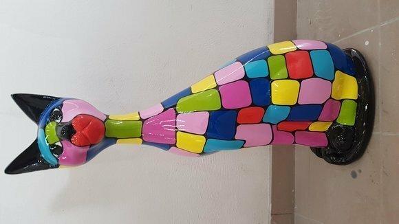 Decorative gloss sculpture in modern style designed as an abstract sitting cat with colorful stripes 85cm A671