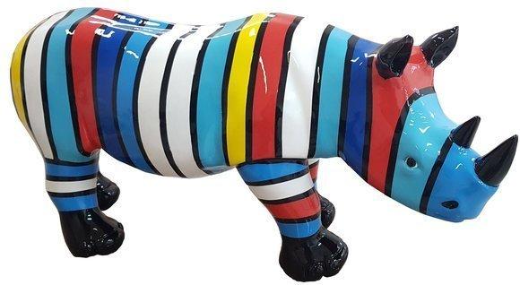Modern style decorative garden sculpture designed as a gloss rhino with colorful stripes 35x75cm