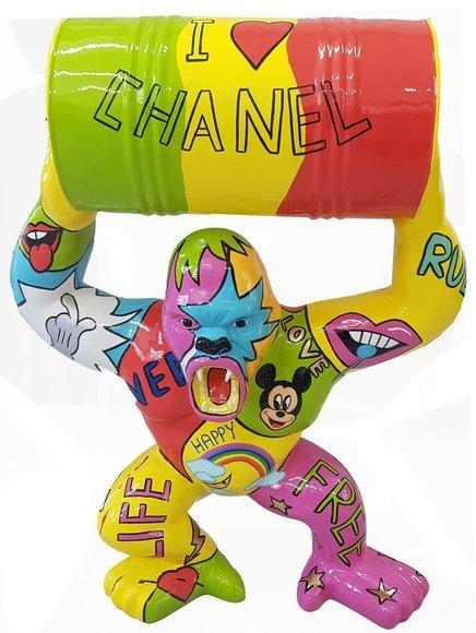 Abstract decorative modern style sculpture designed as colorful gorilla with a barrel (A785)