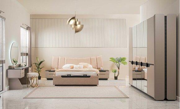Complete bedroom double bed modern beige bed set 6-piece wardrobe