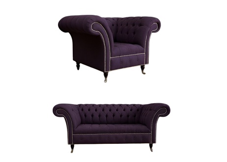 Sofa Set 2+1 Seaters Modern Chesterfield New Purple Textile Comfortable Couches on Casters New
