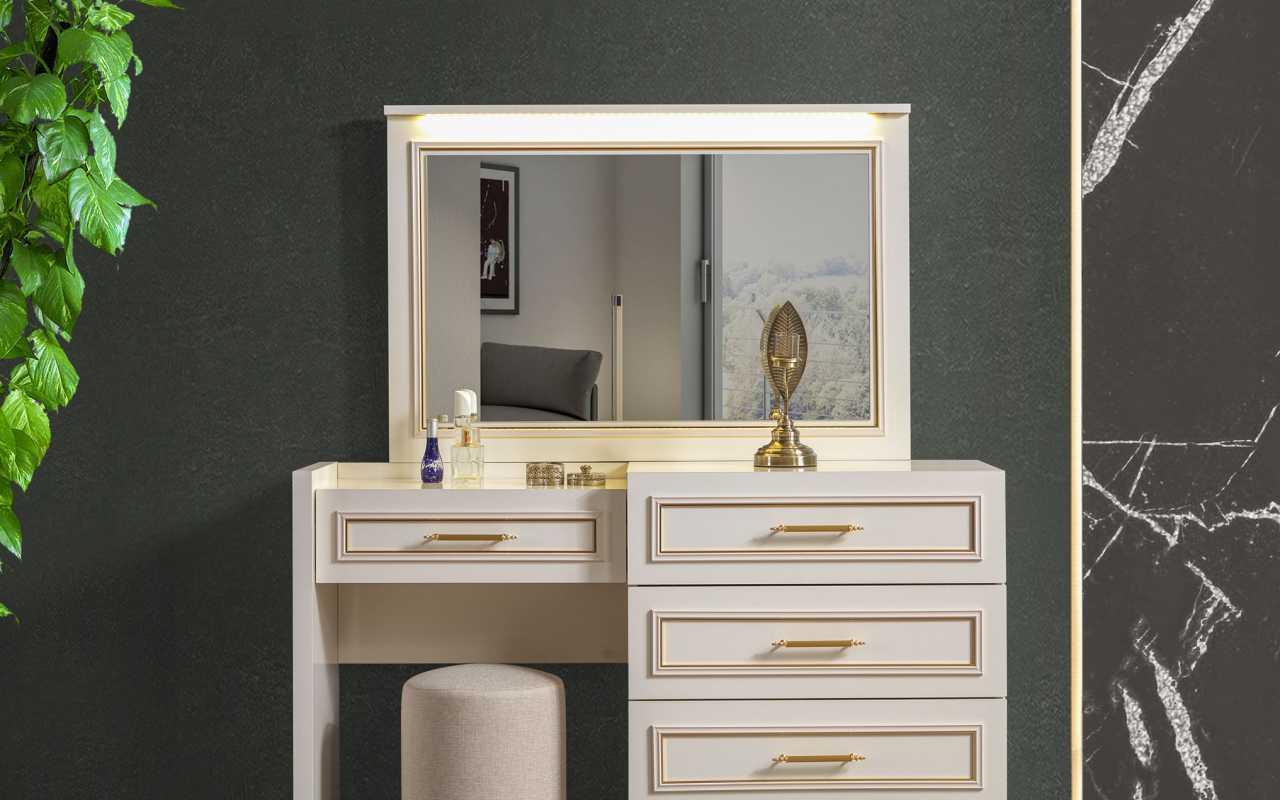 Elegant bedroom furniture white dressing table mirror upholstered stool 3 pieces