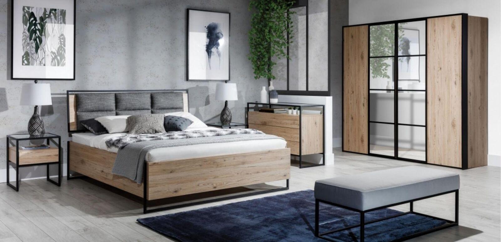 Bedroom set beige bed 2x bedside tables chest of drawers wardrobe new 5 pieces.