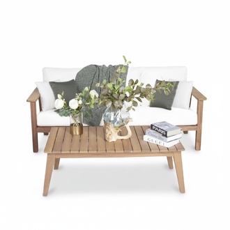 2-piece complete set garden furniture sofa 3-seater seating furniture wooden designer coffee table