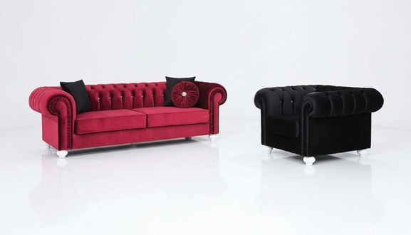 Chesterfield Classic Sofa Set 3+1 Seaters Textile Upholstered Red Black Living Room Couches New