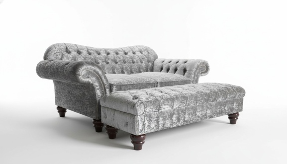Chesterfield Sofa Set 2-Seater + Footstool Long Ottoman Silver Grey Textile New