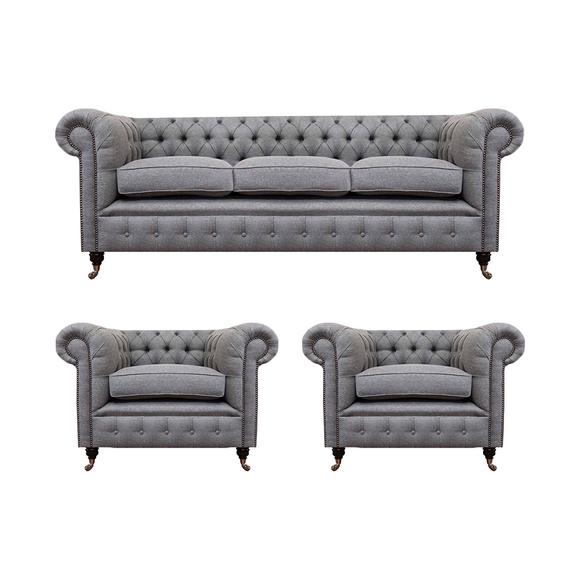 Gray Chesterfield luxury furniture living room set 3pcs sofas textile armchairs