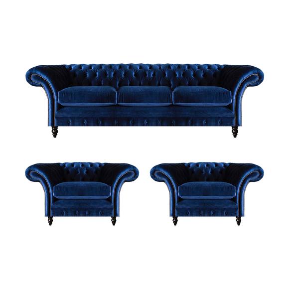 Blue luxury sofa set complete 3-piece furnishing textile fabric Chesterfield