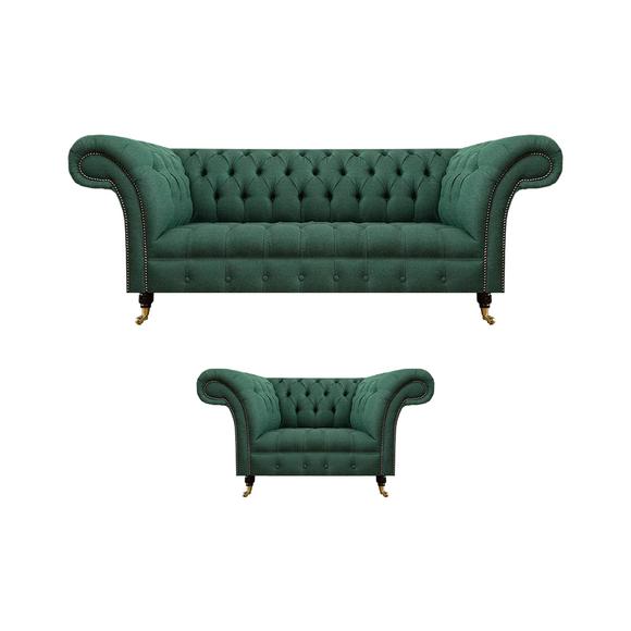 Luxus Wohnzimmer Komplett Grün Dreisitzer Sofa Chesterfield Sessel Neu Set