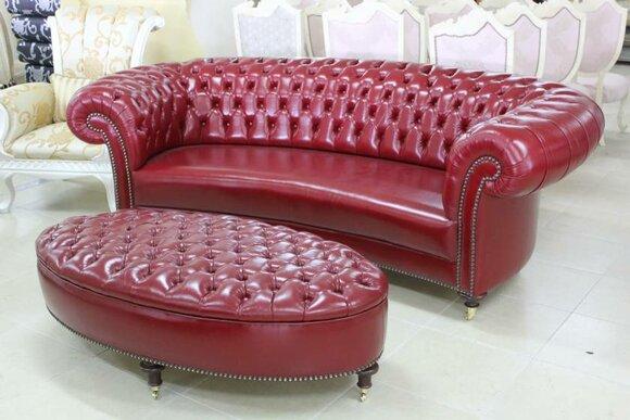 Chesterfield Luxurious Sofa Set 3-Seater + Stool Premium Faux Leather Red Cover Glossy New