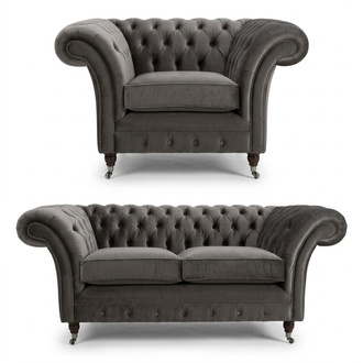 Classic Chesterfield Sofa Set 3+2+1 Seaters Grey Textile Upholstered Living Room Couch New
