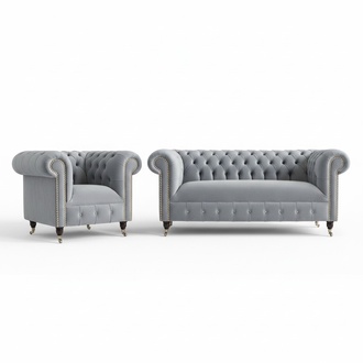 Chesterfield Premium Sofa Set 3+2+1 Seaters Grey Textile or Leather Couches on Casters New