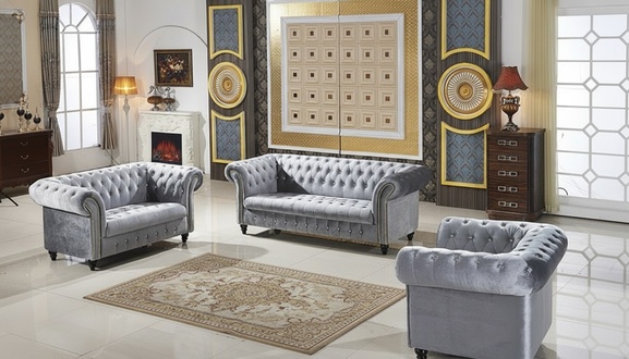 Premium Chesterfield Sofa Set 3+2+1 Seaters Upholstered Grey Textile Couches New