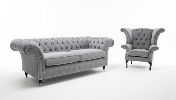 Chesterfield Sofa Set 3+2 Seaters + Wingback Armchair Upholstered Textile Fabric Grey With Cushions + Casters New