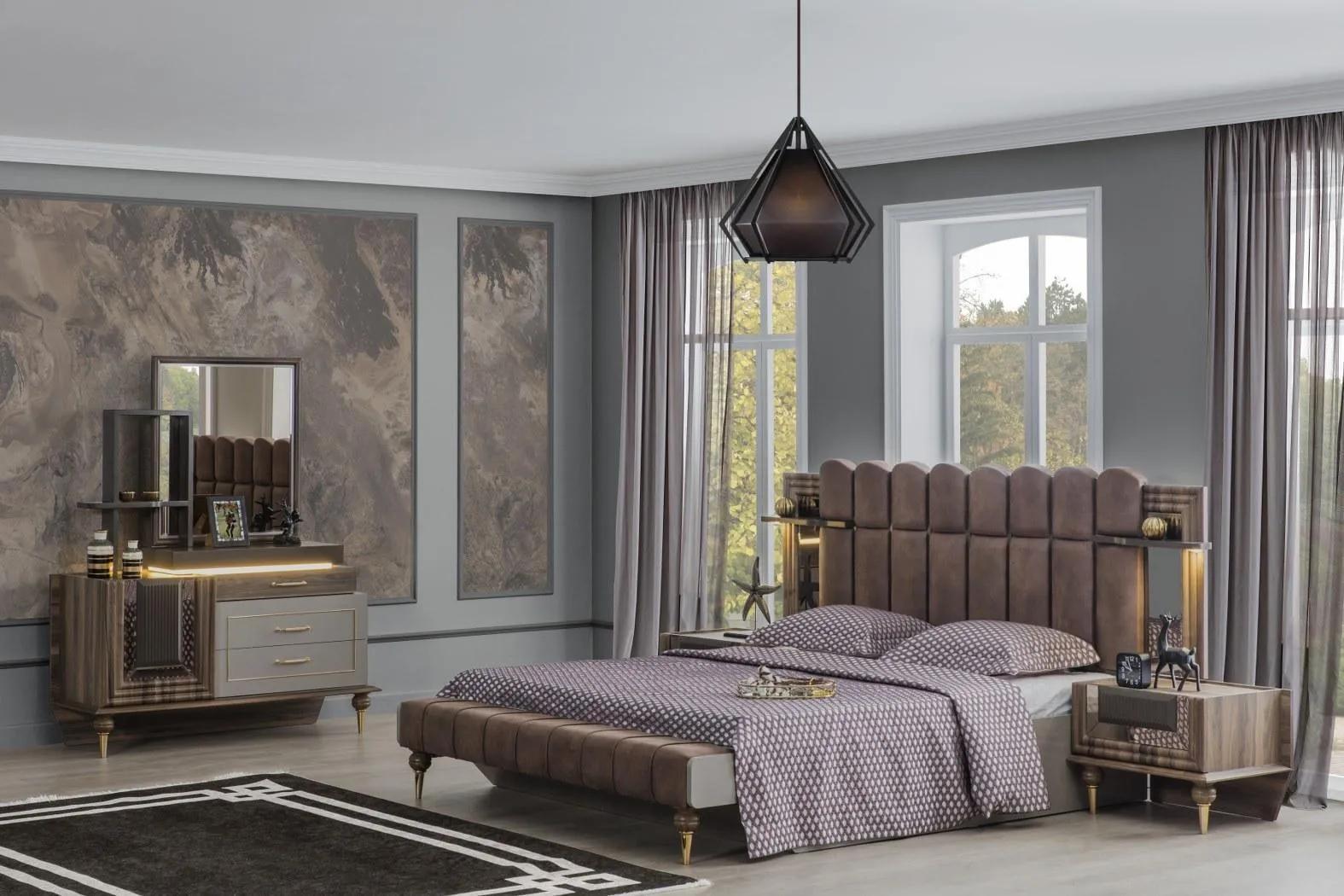 Double bed set luxury bedroom wood brown fabric bed set 4 pieces
