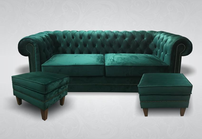 Sofa Set Chesterfield With Buttons 3-Seater + 2x Stools Emerald Green Textile Upholstery New