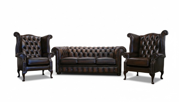 Chesterfield Sofa Set 3-Seater + 2x Wing Chair Brown Faux Leather Comfortable Cushions New