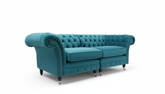 Chesterfield Classic 3-Seater Sofa on Casters Textile New Upholstered Comfortable with Cushions Turquoise Blue