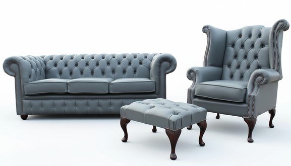 Chesterfield 3-Piece Sofa Set 3-Seater + Wing Armchair + Stool Faux Leather Faint Blue