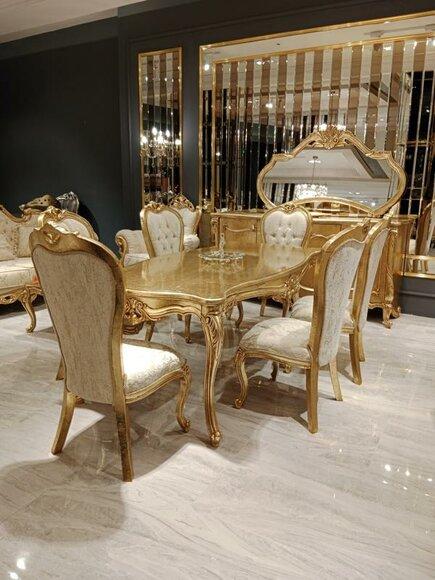 Classic Dining Table + 6x Chairs + Sideboard with Mirror Gold Wood Chest of Drawers