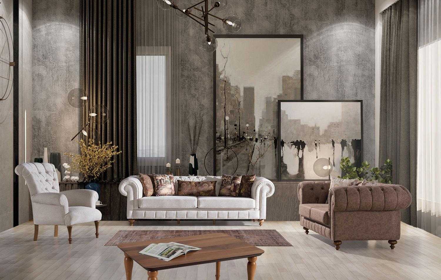 White-brown chesterfield seating group designer sofas luxury set 3+2+1