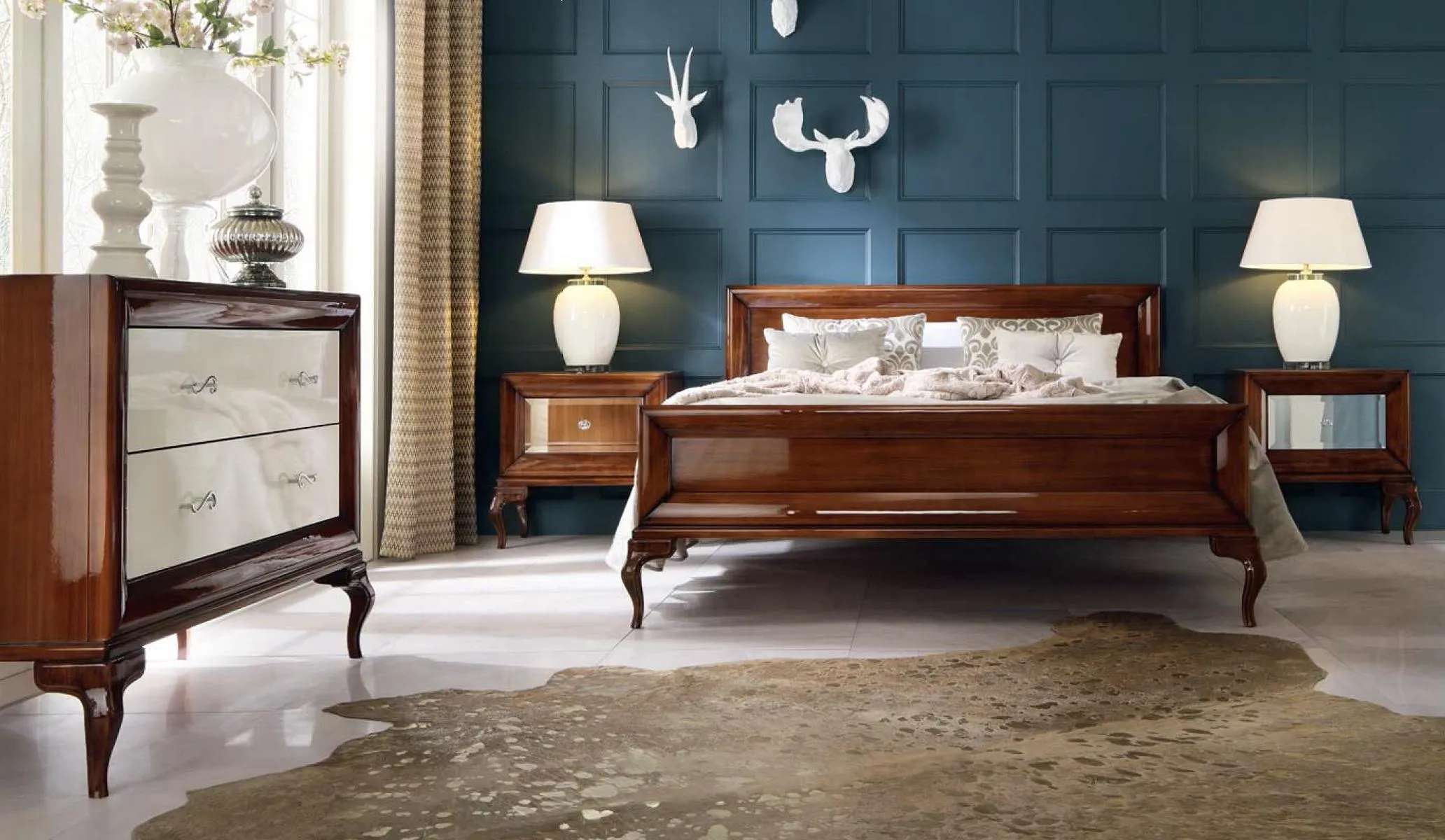 Bedroom set double bed bedside table chest of drawers brown set 4 pcs