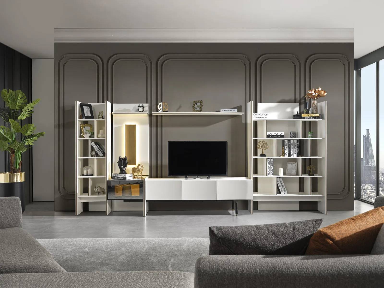 Set wall unit TV stand RTV lowboard sideboard shelves wood white