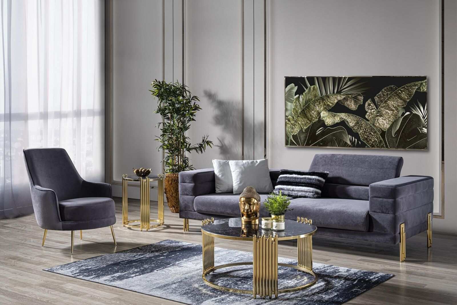 Luxury sofa set sofa 3 seater armchair fabric modern grey modern set