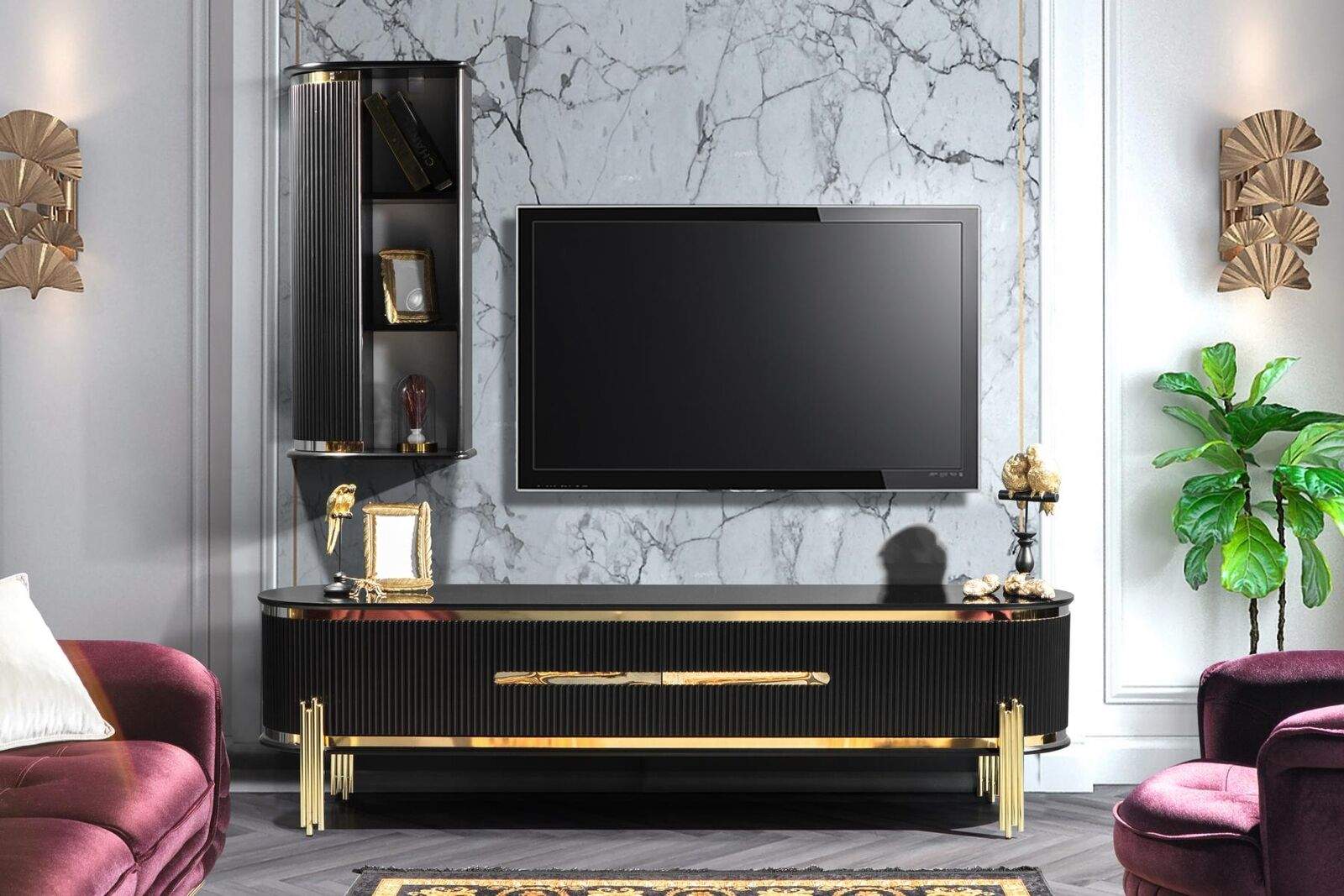 Modern lowboard luxury RTV TV stand living room furniture black gold