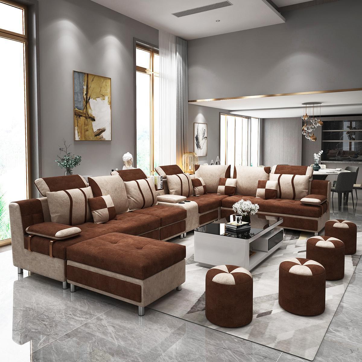 U-shaped sofa Brown upholstery fabric For relaxing in the living room Soft cushions