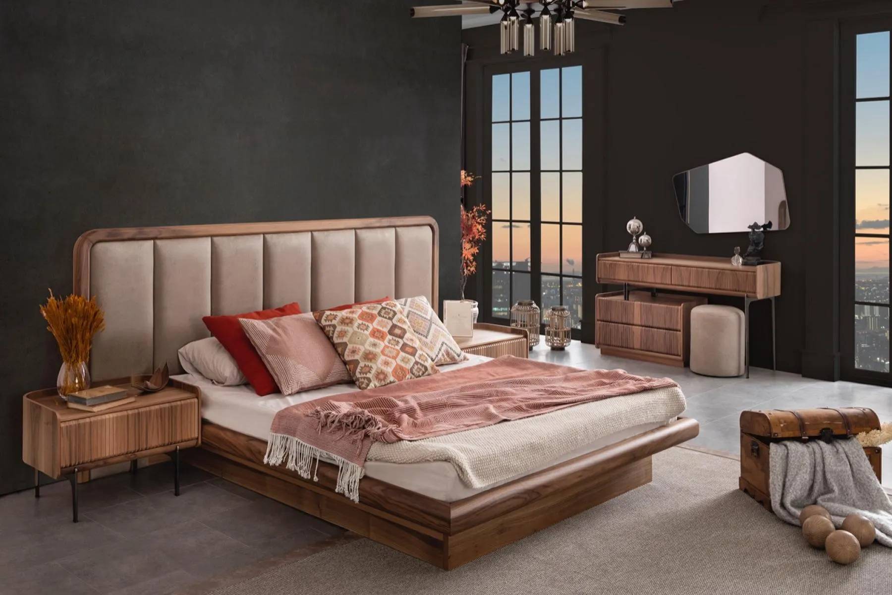 Brown luxury wooden bedroom set bed mirror dressing table