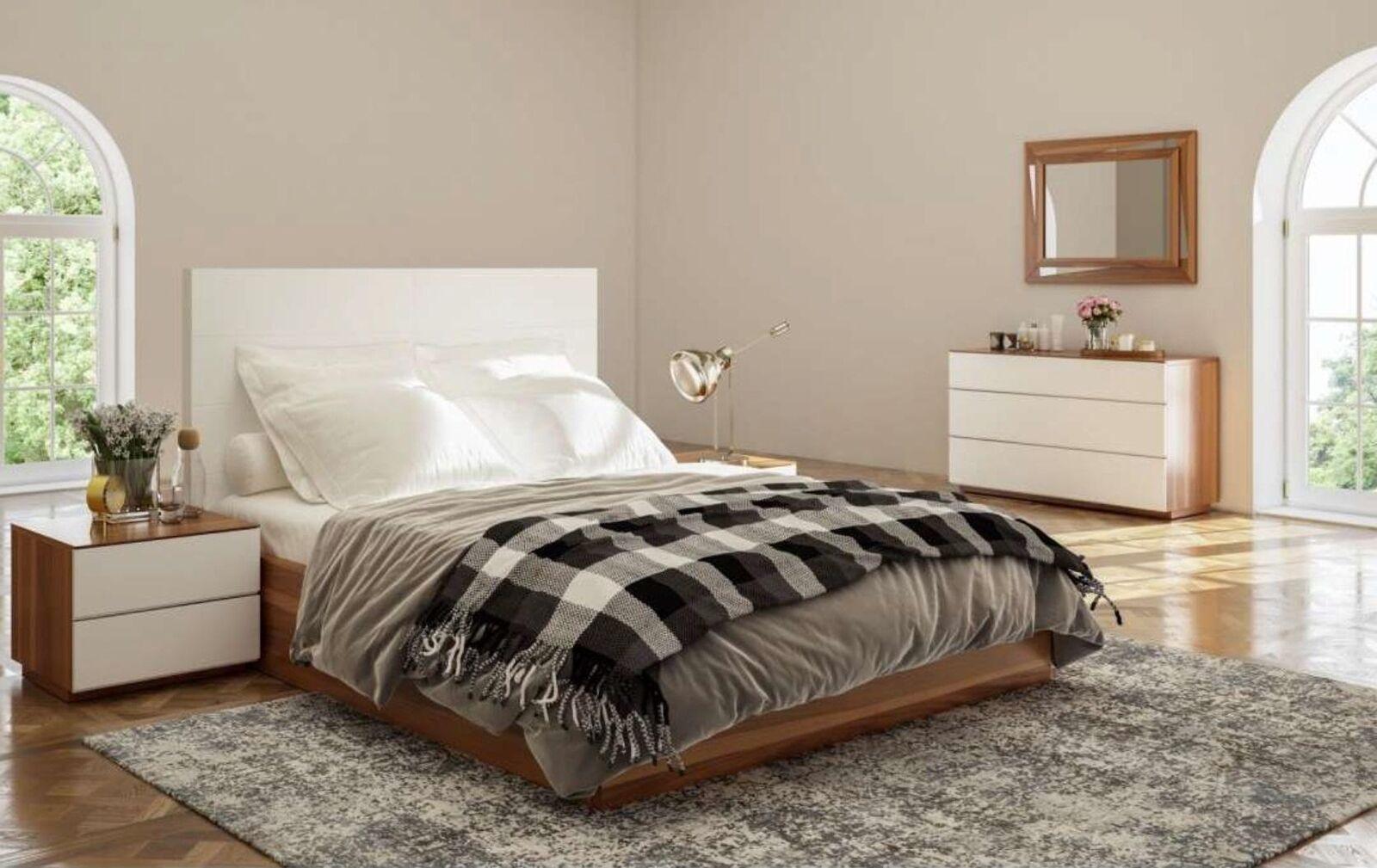 White-brown bedroom set luxury wooden furniture bed bedside tables chest of drawers