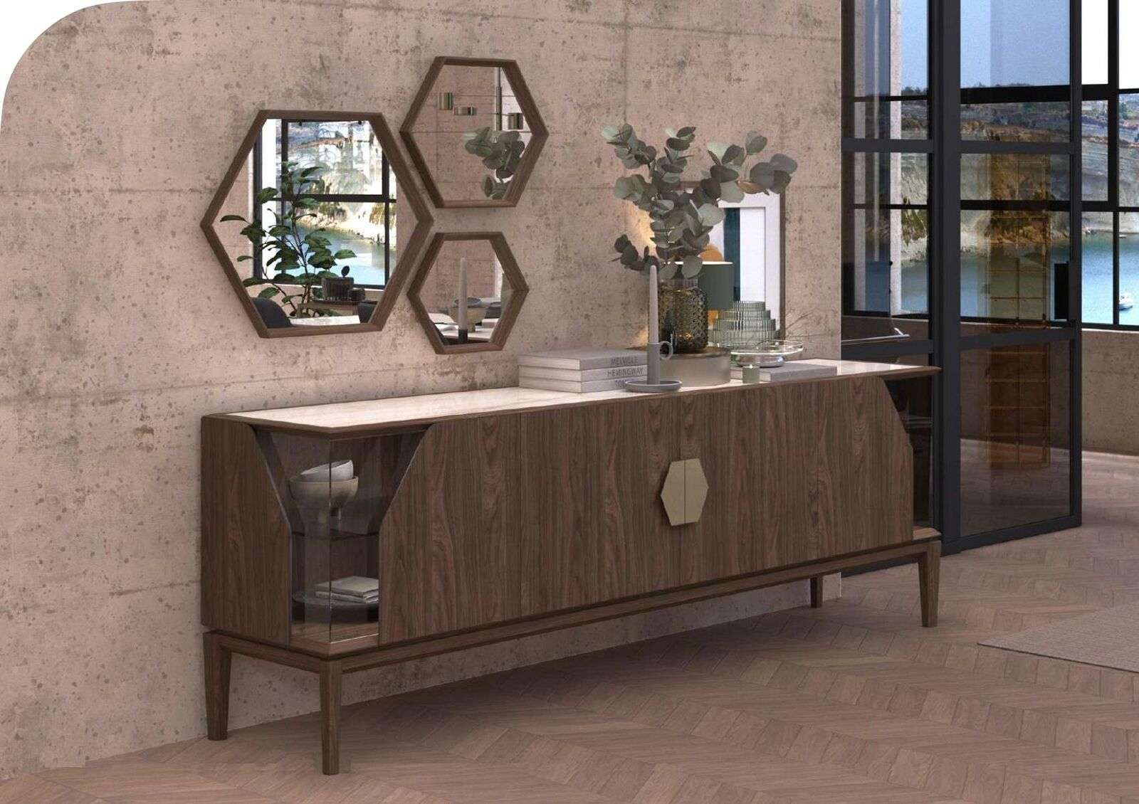 Luxury brown sideboard with glass elements storage space dining room furniture wood