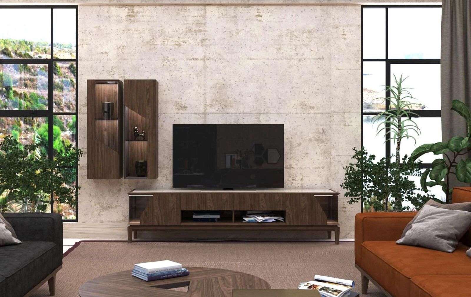 Living room furniture Wall unit Hanging shelves Sideboard Brown Luxury wooden furniture